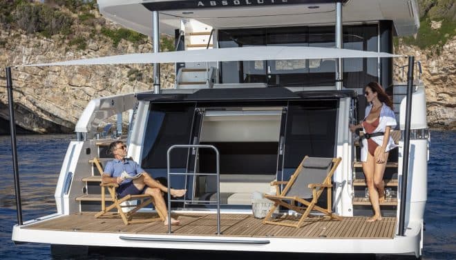 The first full season of orders for the Navetta 64 have selected the optional beach club, where the sofa can be converted into a bed to form a fourth guest cabin with ensuite bathroom