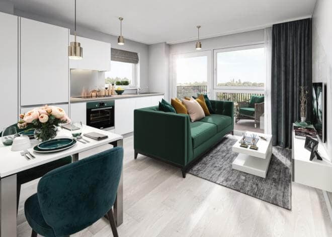 Market Place's living room configuration of studio apartment.