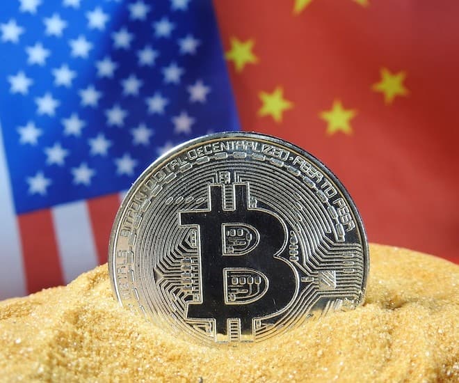 bitcoin, US and China Flag