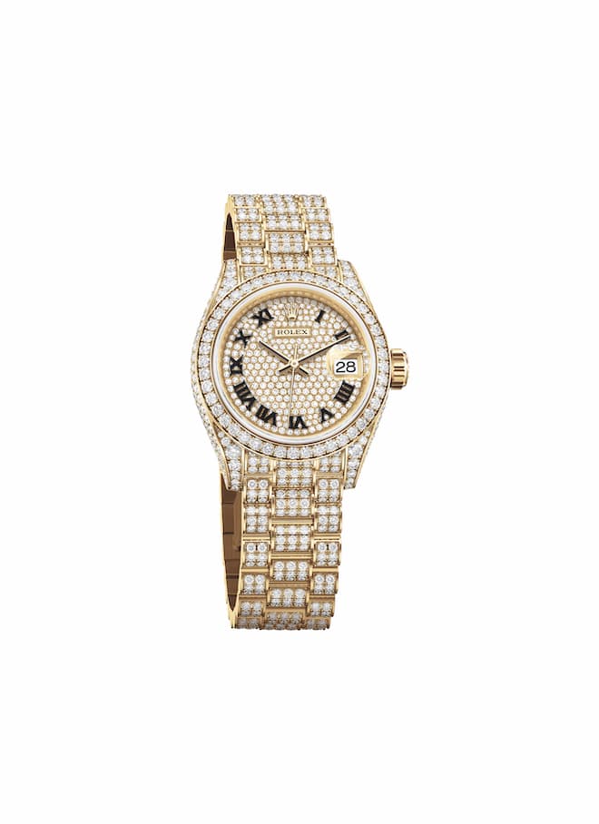 Oyster Lady-Datejust, 28 mm, yellow gold and diamonds.