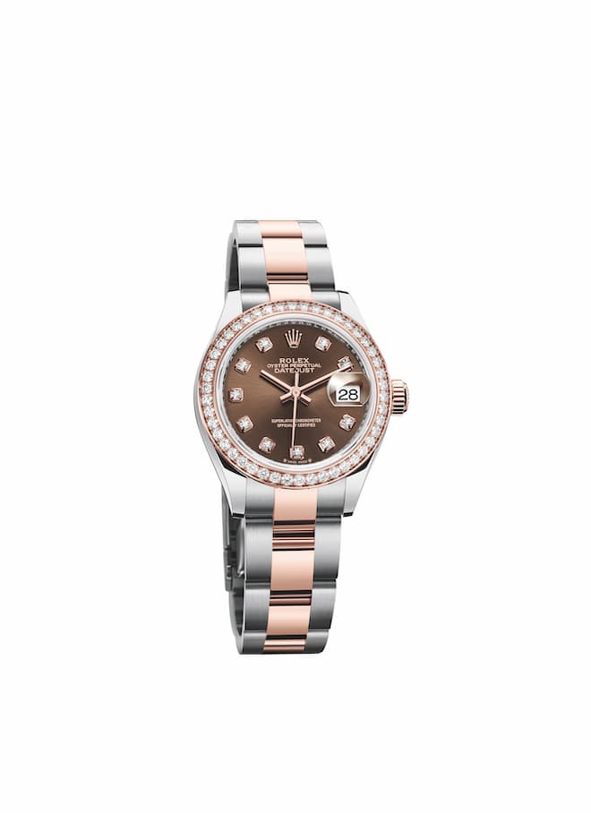Oyster Lady-Datejust 28 mm, Oystersteel, Everose Gold and diamonds.