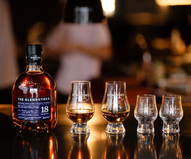 LUXUO x The Glenrothes whisky bottle and glasses