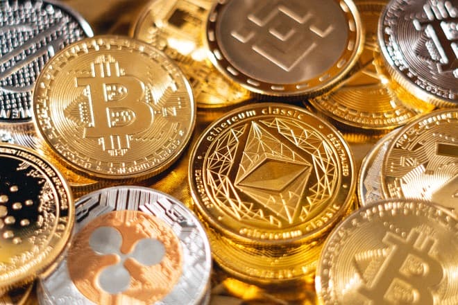Cryptocurrencies coins and chips