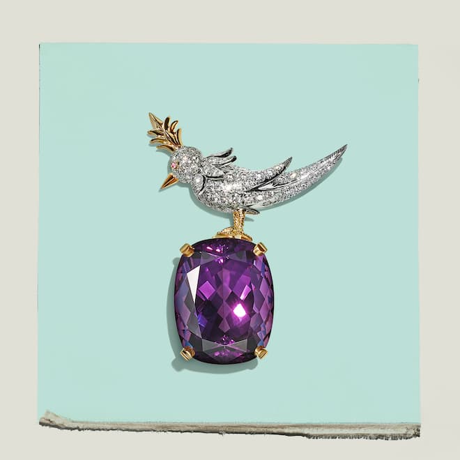 Schlumberger Bird on a Rock Brooch in Platinum and 18k Yellow Gold with an Amethyst and Diamonds