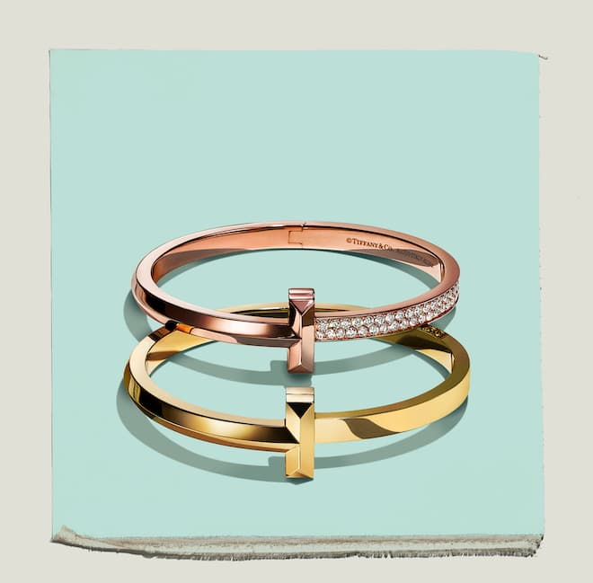 Tiffany T T1 hinged bangle in 18k rose gold with diamonds. Tiffany T T1 wide hinged bangle in 18k yellow gold