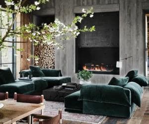 Moss green sofas paired with wooden furniture create a nature-inspired roost.