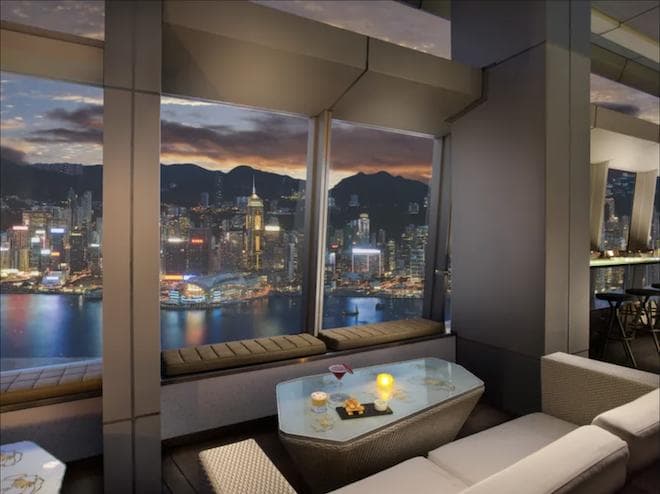 Ozone bar in Hong Kong, overlooking the sunset and the city skyline