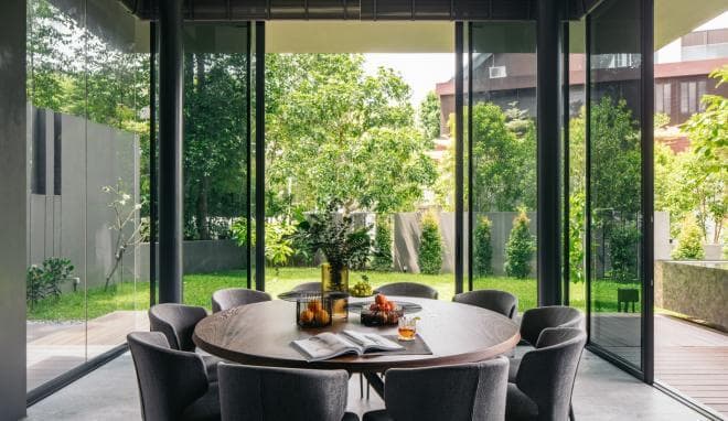 The dining space offers views of the garden and neighbourhood