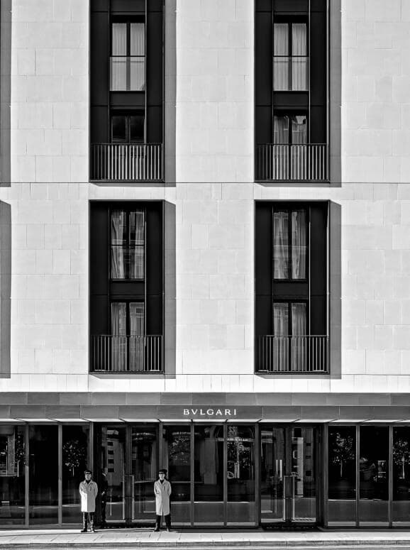 The edifice of the entrance to the Bulgari Hotel London.