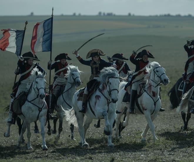 Joaquin Phoenix in Napoleon on horseback.
