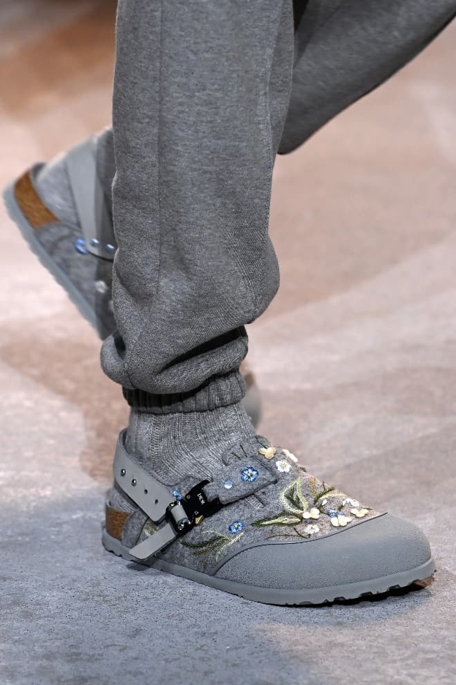 Kim Jones' Dior Birkenstock Tokio mules in grey, a luxury loungewear statement piece.