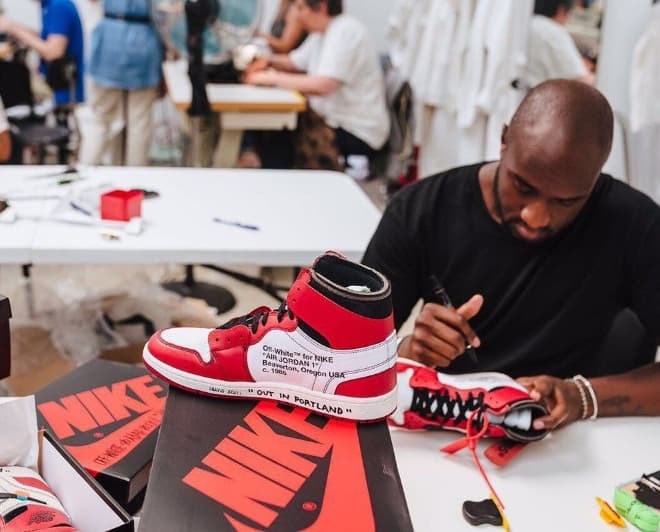 Virgil Abloh personally customising select pairs of shoes from his collaboration with Nike. 