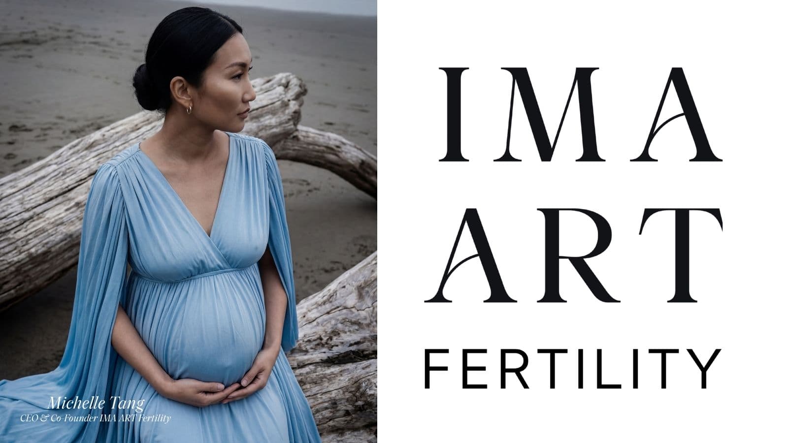 Michelle Tang, directora ejecutiva de IMA ART Fertility, con el logotipo de IMA ART que representa los servicios de conserjería de FIV y alta fertilidad de Beverly Hills.