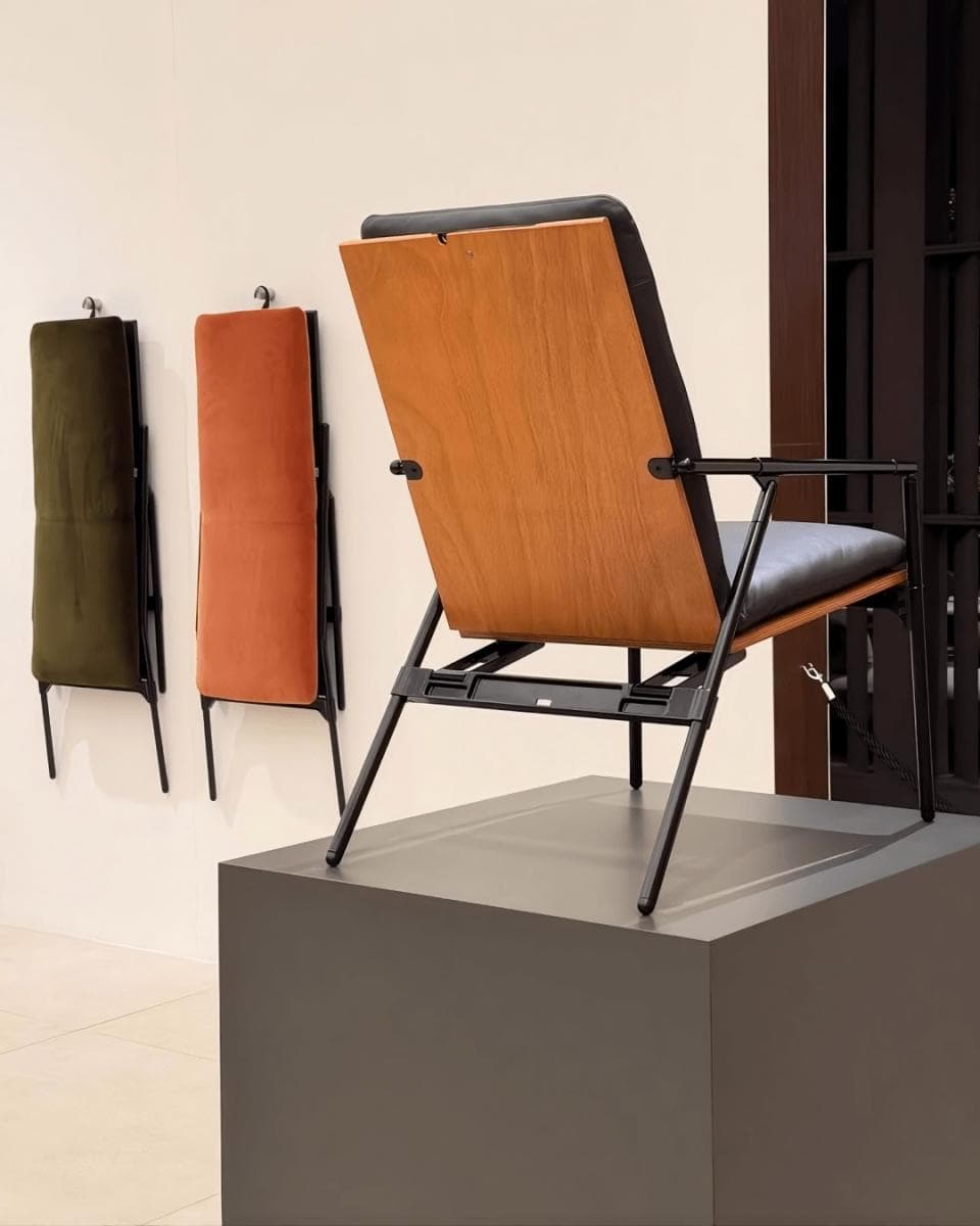 Richard Sapper's folding "Nena" chair — designed in 1984 – made a comeback at Salone 2026. Image: B&B Italia.